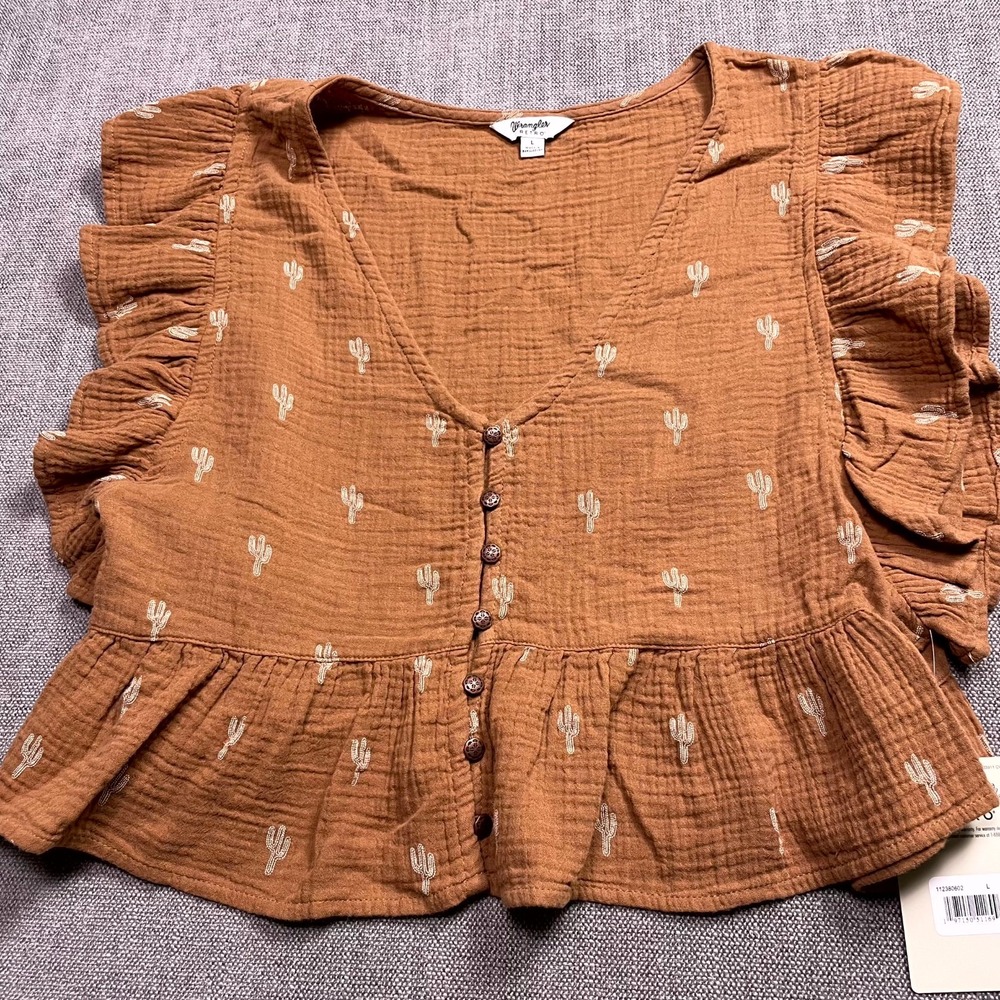 Wrangler Retro Brown Gauzy Cactus Embroidered Flutter Sleeve V-Neck Blouse L